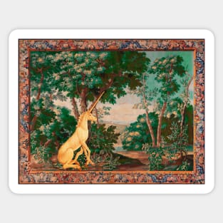 UNICORN IN WOODLAND LANDSCAPE AMONG GREENERY AND TREES Pink Green Hues Sticker